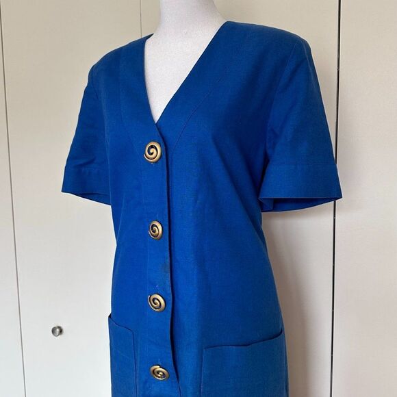 Vintage Button Front Midi Dress Size 10 Blue Statement Button Short Sleeve - Picture 2 of 9